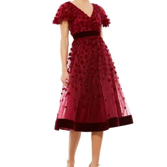 MAC DUGGAL FLORAL APPLIQUE VELVET TRIM COCKTAIL RED/BURGUNDY MIDI DRESS sz 4 - Picture 4 of 4